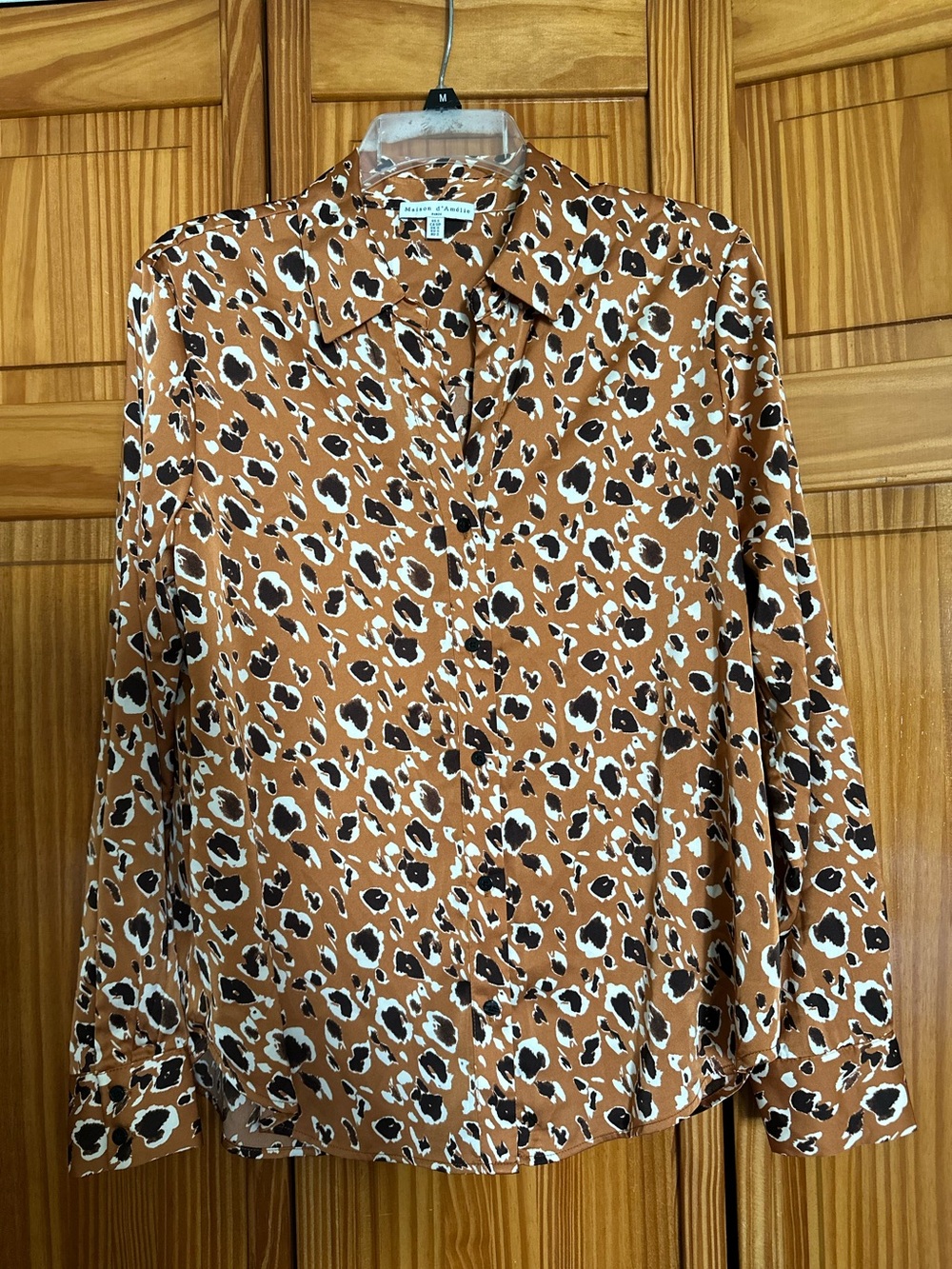 Maison d’Amelie Satin Animal Print Button-Up Blouse in Warm Brown - size S